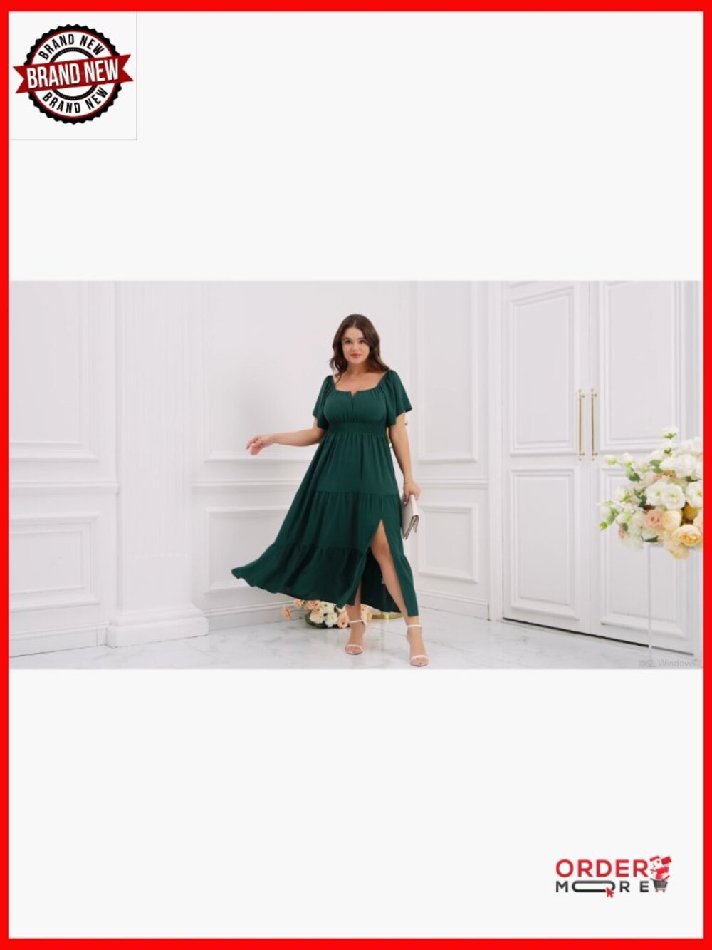 Plus Size Formal Maxi Dress Short Sleeve Square Neck Smocked Side Split Tiered - Picture 7 of 7